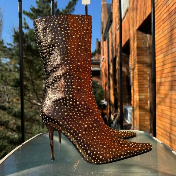 New Jeffrey Campbell Iconic Heeled Studded Boots Shoes Gold Bronze Womens 10 - Picture 1 of 11